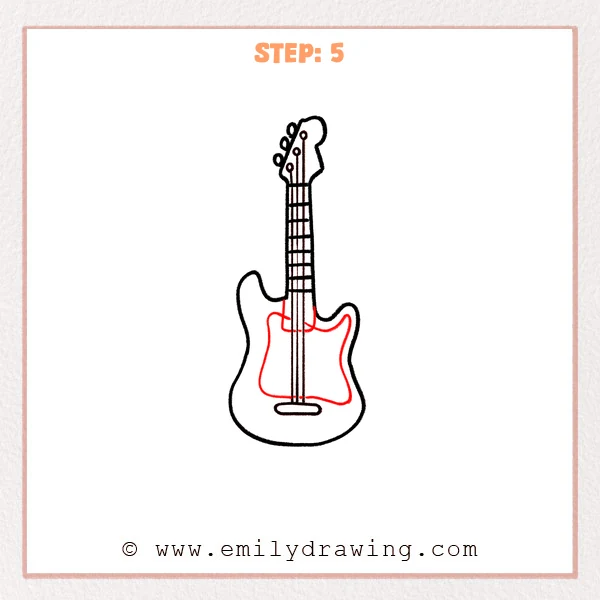 how to draw an electric guitar - Step 5 of an easy electric guitar drawing adds a large pickguard shape on the body and a curved neck-joint detail beneath the fretboard.